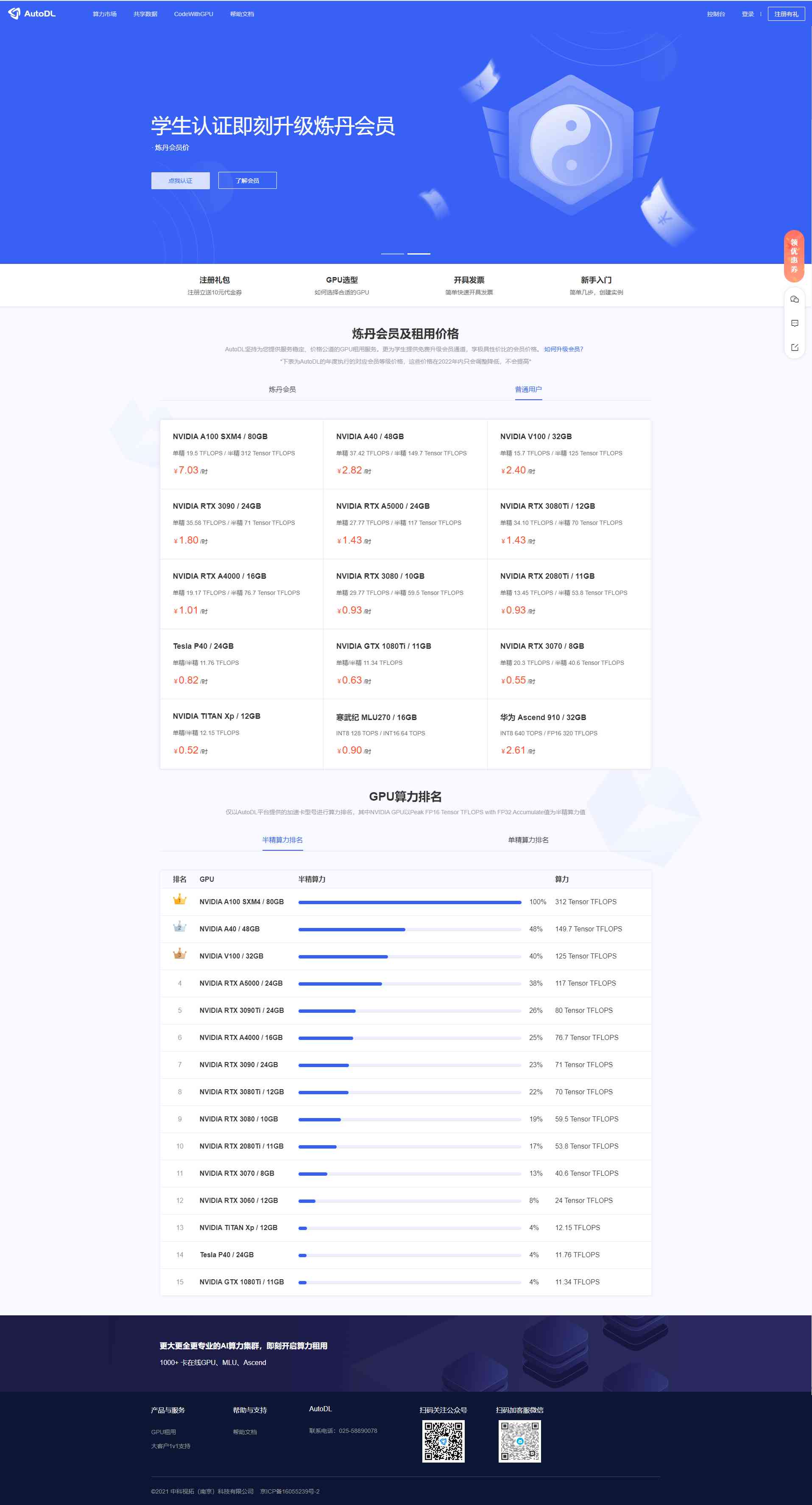 AutoDL AI算力云控制台总览界面
